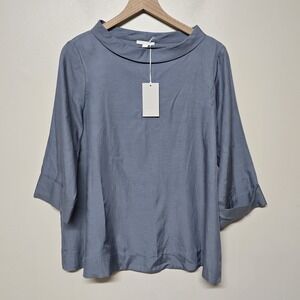 COS Blouse Womens 10 Blue 3/4 Sleeve Funnel Neck Minimalist Modern Lagenlook NWT